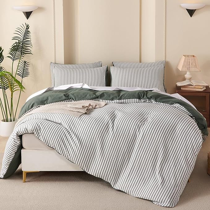 Duvet Cover Set Queen Striped Washed Microfiber Jacquard 3 Pieces Bedding Set, Green White Vertical Ticking Stripes Pattern Comforter Cover with Zipper Closure Breathable Durable Soft Comfy