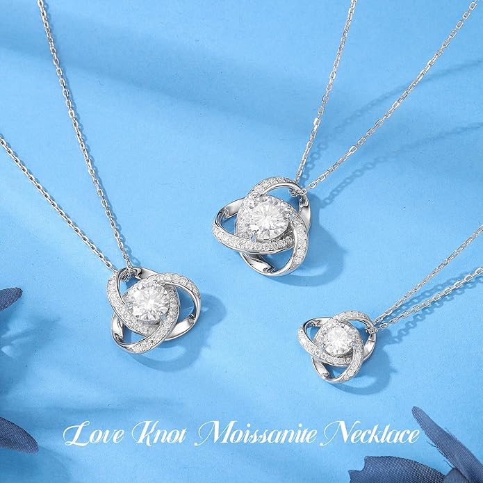 MOOSEA Love Knot Moissanite Necklace for Women, 1-3 ct D Color VVS1 Clarity 925 Sterling Silver Moissanite Pendant Necklace Anniversary Birthday Christmas Gifts for Women Wife Mom Girlfriend