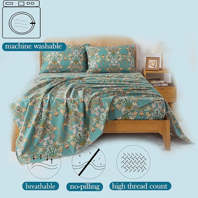 Zusbest Floral Sheets King Bed Sheets Set Boho 100% Cotton Percale Shabby Vintage Teal Blue Orange American Style Bedding Luxury Soft Breathable Crisp Bed Deep Pocket Fitted Sheet 4 Piece