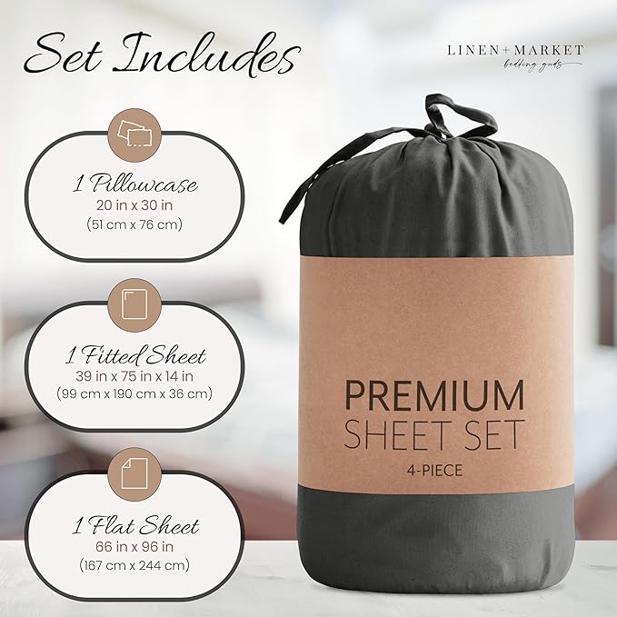 Linen Market Bed Sheets for Twin Size Bed (Gray) - Sleep Better Than Ever with These Soft and Cooling Twin Sheets - Deep Pocket Fits 16" Thick Beds - 3 Piece Twin Sheet Set