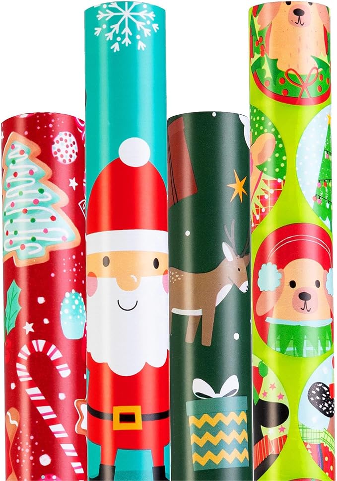 Cherubfunz Christmas Wrapping Paper (4 Rolls: 148 sq. ft. ttl) Santa Claus Carrying Gifts, Candy Cane, Reindeer, Christmas Tree/Bell, Dogs Pattern - 30 inches x 14.8 feet Per Roll