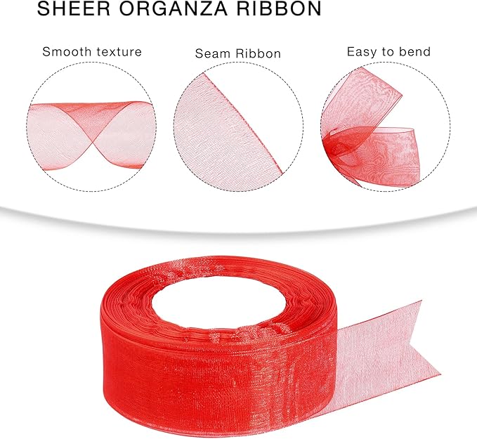 1.5 inch Sheer Organza Ribbon Red Chiffon Ribbon for Gift Wrapping Christmas Halloween Decoration Wedding Bouquet Crafts 50 Yards