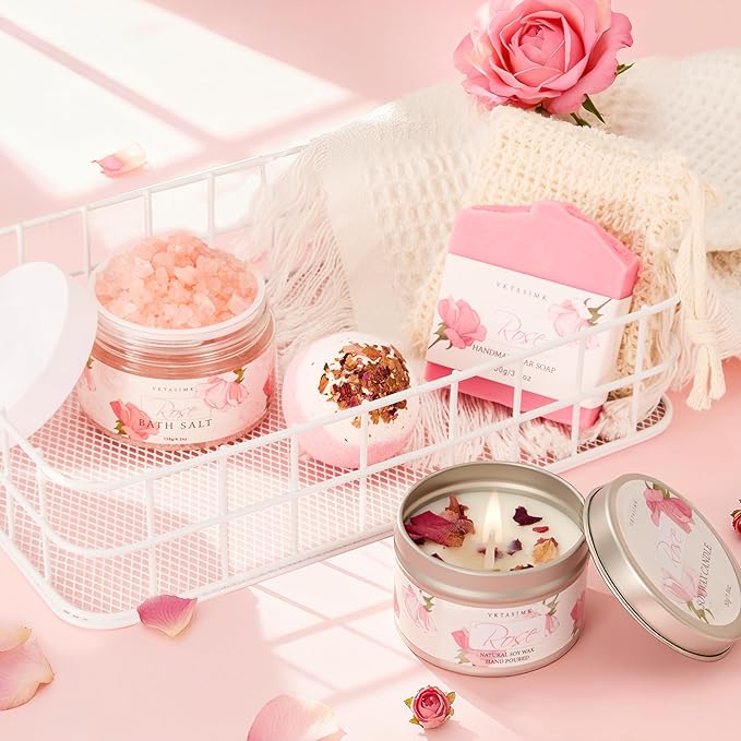 Gifts for Women, Birthday Gifts for Women, Bath and Body Gift Basket Mothers Day Gifts, Rose Home Spa Set Self Care Gift, Thank You for Mom Sister Her Teacher Friends Friendship