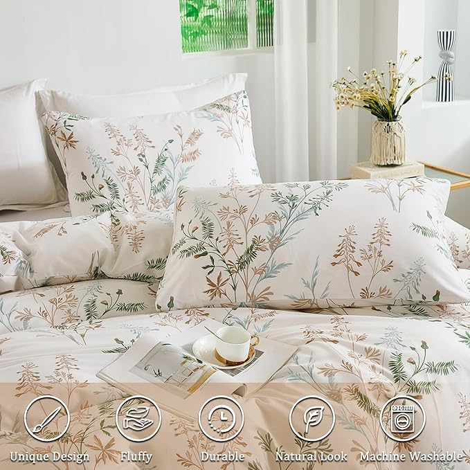 100% Cotton Duvet Cover Queen Size Ultra Soft Green Floral Comforter Cover with Luxurious Tan & Green Leaves on White, Reversible Lightweight Floral Duvet Cover Sets