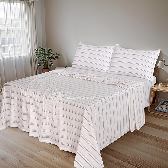 RUVANTI Flannel Sheets Full Size - 100% Cotton Double Brushed Bed Sheets Set, Deep Pockets 16 Inches, All Seasons Breathable & Extra Soft Full Sheets, Warm & Cozy, 4 Piece, Twill Stripe