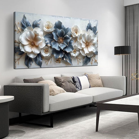 Flower Canvas Wall Art for Office Blue and White All Decor for Bedroom Women Big Wall Art for Living Room Modern Size 29" x 58"