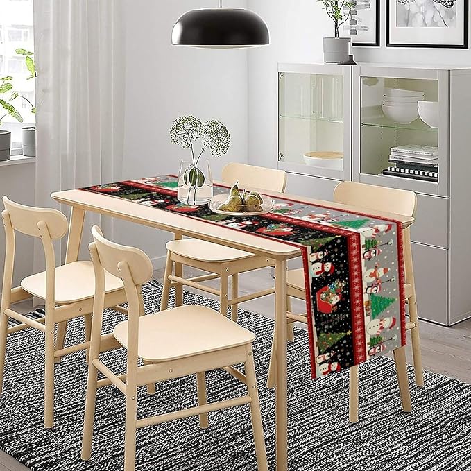 Christmas Table Runner,Cartoon Snowman Tree Xmas Deer Elk Santa Claus Print Tablecloth Burlap for Hotel Indoors Outdoor Dining Room Kitchen Home Decor,W13X L60 in