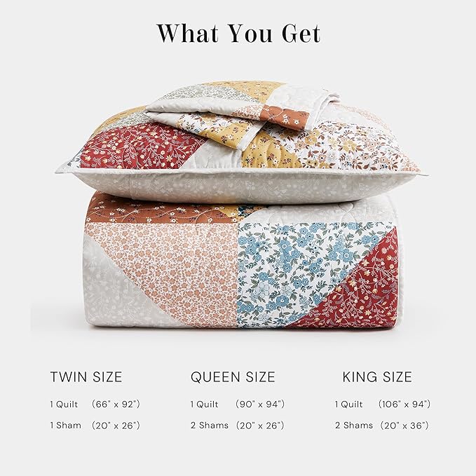 Quilt Set King Size, Patchwork Burnt Orange Floral Quilt Sets, Reversible Bedspread Lightweight and Breathable for All Seasons, Soft Quilted Bedspread with 2 Pillow Shams