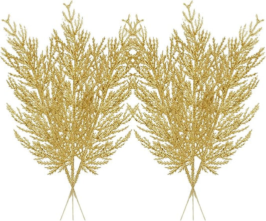 Christmas Glitter Stems 24pcs Artificial Pine Tree Picks for Christmas Tree Ornaments fillers, DIY Xmas Wreath, Crafts, Garland, Holiday, Party, Wedding and Home Decoration(Gold)