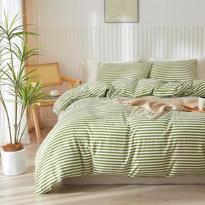 Striped Comforter Set Queen Size 3 Pieces Lightweight Striped Bedding Comforter Set Green White Stripes Pattern Farmhouse Bed Set Soft Fluffy Comforter with 2 Pillowcases for All Seasons Queen Size