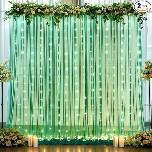 10ft x 10ft Hunter Green Tulle Photo Backdrop Curtain with Lights String for Christmas Party Sheer Curtain Backdrop Drapes for Birthday Party Holiday Wedding Photo Booth Background Room Decorations