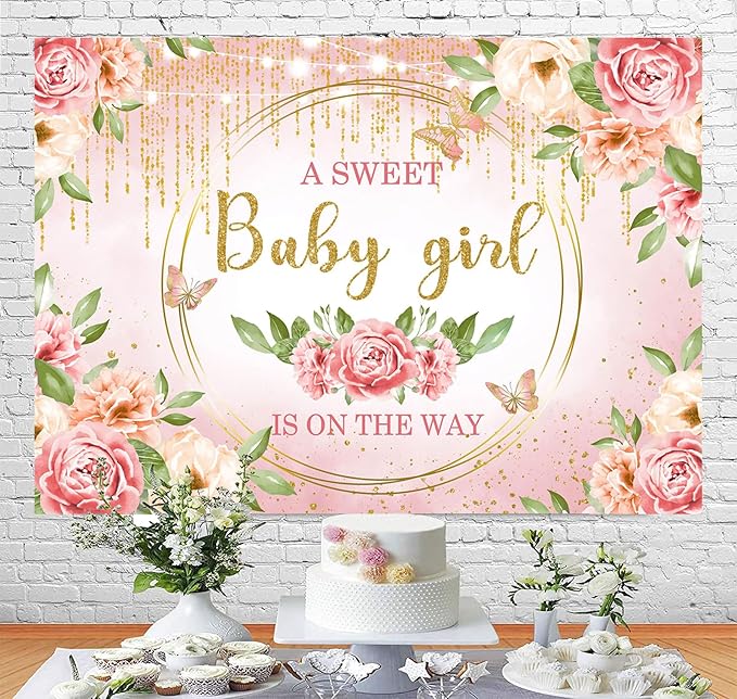 Sensfun Pink Floral Baby Girl Decorations - Glitter Gold Blush Flower Banner for Sweet Girls Baby Shower Party Supplies - 10x6.5ft