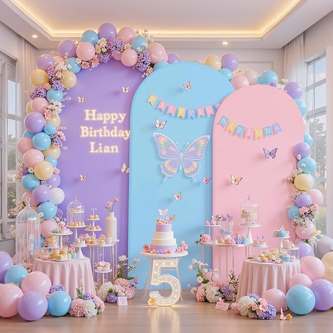 Rainbow Arch Backdrop Cover 8FT 7.2FT 6.6FT Stretchy Wedding Arch Covers Set of 3 Spandex Fitted Pink Blue Lavender Fabric Backdrop Cover for Party Baby Shower Birthday Decoration