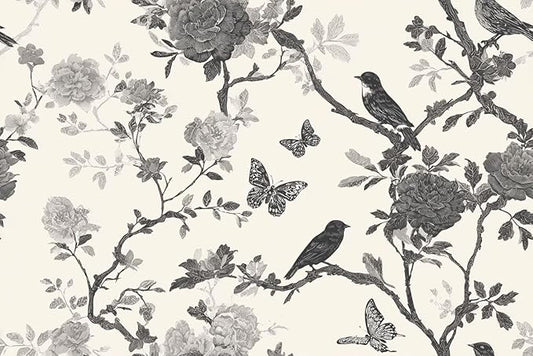 Vintage Peel and Stick Floral Bird Contact Paper Butterfly Removable Botanical Leaf Tree Wallpaper 17.7" x 118.11" Wall Paper Sketch Self Adhesive for Classroom Bedroom Laundry Room Bathroom