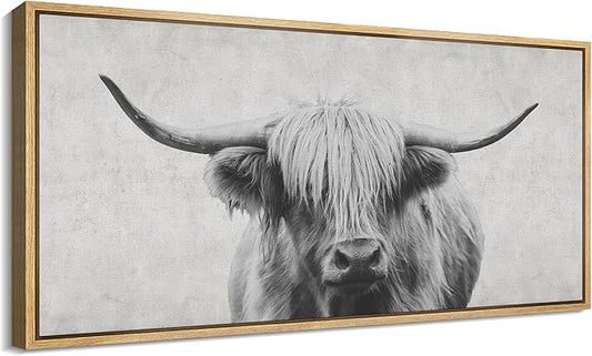 SIGNFORD Extra Large Framed Canvas Print Wall Art Highland Gentleman Portrait of a Highland Cow Illustrations Modern Art Relax/Calm Warm for Living Room, Bedroom, Office - 60"x30"