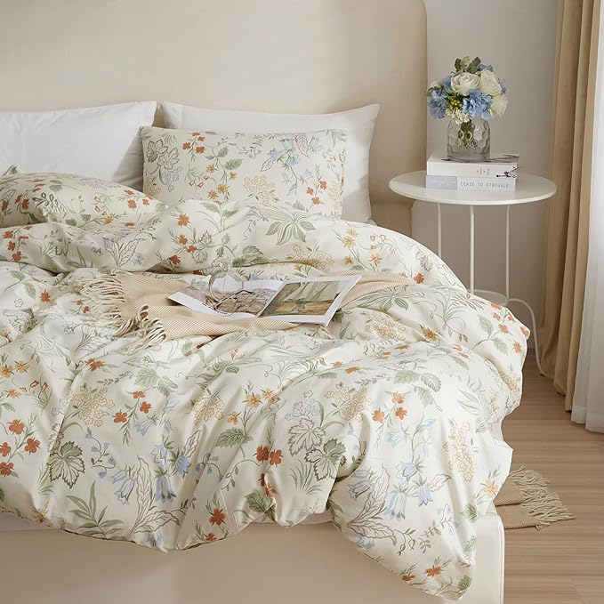 EAVD Twin Duvet Cover Girls Floral Duvet Cover Soft 100% Cotton Chic Fresh Garden Floral Bedding Set with 2 Pillowcases Reversible Vintage Botanical Comforter Set with Zipper Closure