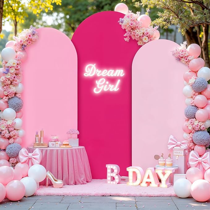 Gradient Pink Arch Backdrop Cover 7.2FT 6.6FT 6FT Arch Covers Stretchy Backdrop Set of 3, Party Arch Cover Spandex Fitted Fabric Hot Pink Wedding Arch Covers for Baby Shower Birthday Party Decoration