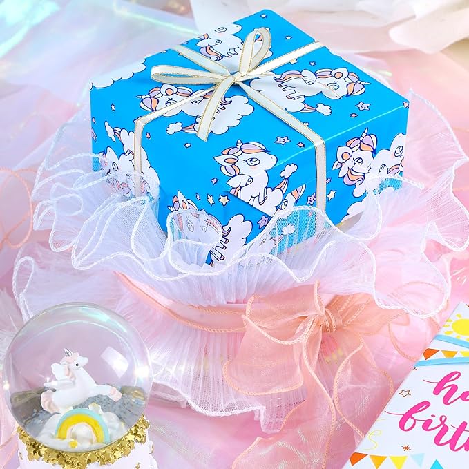 WRAPAHOLIC Birthday Wrapping Paper Sheet - 12 Sheets Unicorn Rainbow Pony Pink Blue Design Folded Flat for Birthday, Party, Baby Showers - 19.7 Inch X 30 Inch Per Sheet