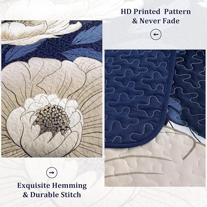 Dintszyayue Blue Quilt Set Queen,3 Pieces Floral Bedspreads Lightweight Coverlet Set for All Seasons, Reversible Quilted Printed Bedding Set with 2 Pillow Shams