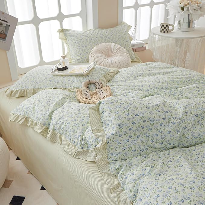 LifeTB Romantic Ruffle Duvet Cover Twin Garden Style Lace Duvet Cover Floral Pattern Blue Flower Comforter Cover Aesthetic Princess Lace Bedding Set 100% Cotton Floral Botanical Comforter Cover Twin