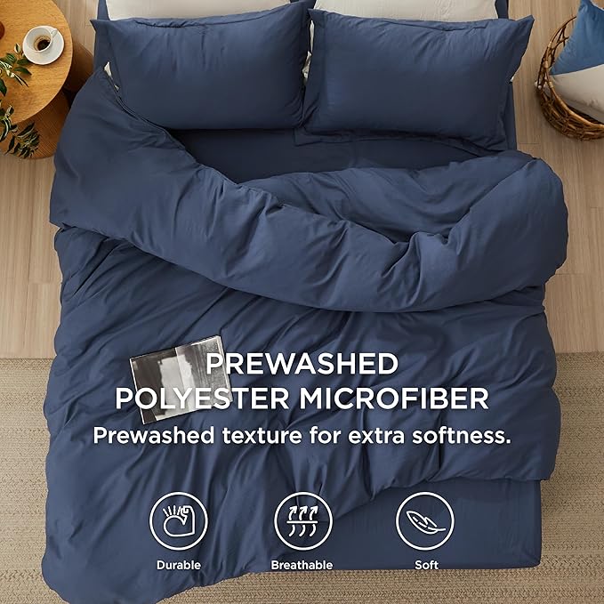 Bedsure Duvet Cover King Size with Fitted Sheet - 4 Pieces Prewashed Cotton-Like Extra Soft Bedding Set, Includes 1 Duvet Cover 104x90 Inches with Zipper Closure, 2 Pillow Shams, 1 Fitted Sheet, Navy