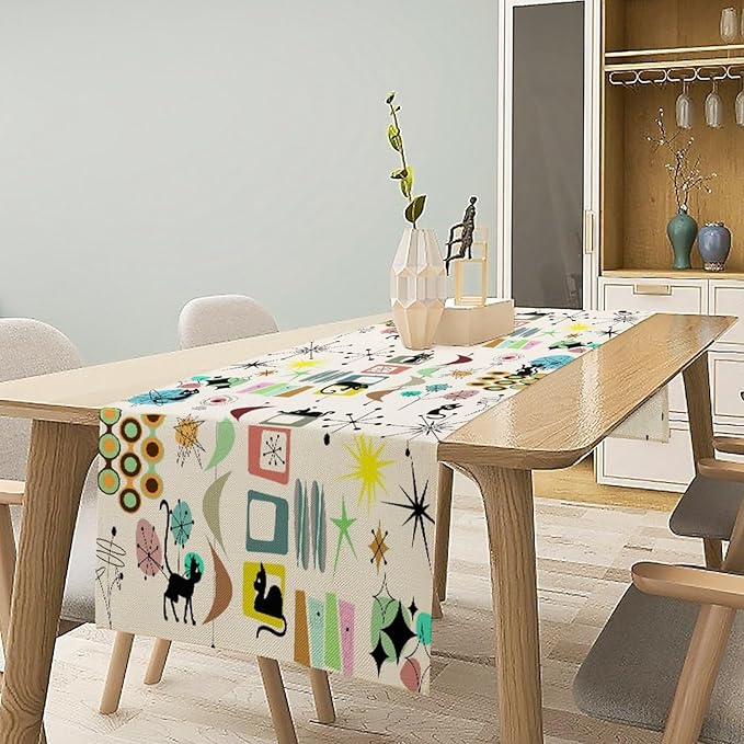 Colorful Geometric Table Runner,Vintage Mid Century Cute Cat Abstract Morden Print Tablecloth Burlap for Hotel Indoors Outdoor Dining Room Kitchen Home Decor, 13x90in