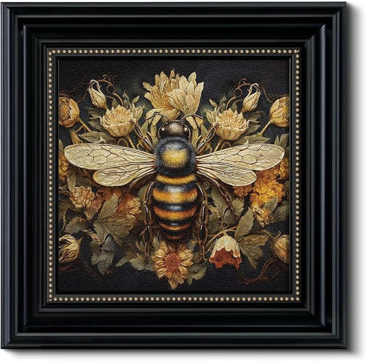 Vintage 3D Textured Bee and Flower Framed Wall Art 16x16 Inch, Square Insect and Floral Sandstone Panel Artwork Botanical Print, Retro Rustic Living Room Bedroom Farmhouse Home Decor