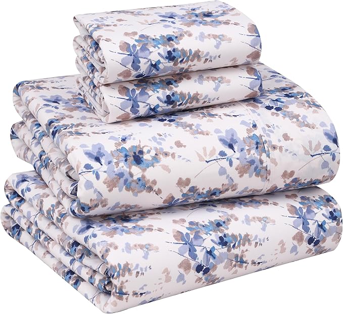 RUVANTI 100% Cotton King Size Sheets Set, 4 Pieces, Soft & Breathable Percale Weave Bedding, Deep Pocket 16", Hotel Standard, Crisp Cool Feel, Durable, Perfect Floral Bed Sheet, Maple