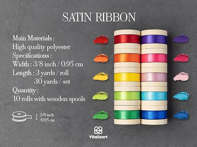 Vitalizart Ribbon for Crafts Satin 3/8 Inch Ribbon for Gift Wrapping Assorted Rainbow Fabric Silk Ribbon for Hair Bouquet Wedding Balloon 30 Yards