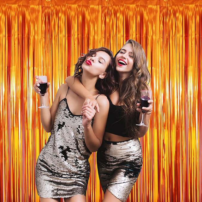 GOER 3.2 ft x 8.2 ft Metallic Tinsel Foil Fringe Curtains Party Photo Backdrop Party Streamers for Birthday,Graduation,New Year Eve Decorations Wedding Decor (3 Packs,Orange)