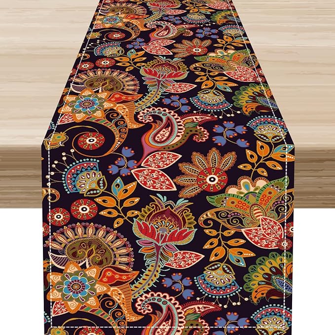 Paisley Table Runner, Rustic Vintage Farmhouse Abstract Boho Floral Leaf Print Table Decor for Home Kitchen Dining Patio Holiday Party Indoor Outdoor Table Decorations 13x36 inch