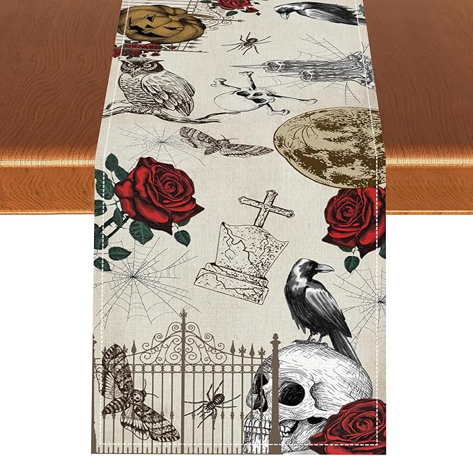 Gothic Floral Table Runner, Retro Dark Skull Crow Vintage Flower Halloween Pumpkin Witchy Coffee Table Center Decor for Home Kitchen Dining Patio Holiday Party Table Decorations 13x36 inches
