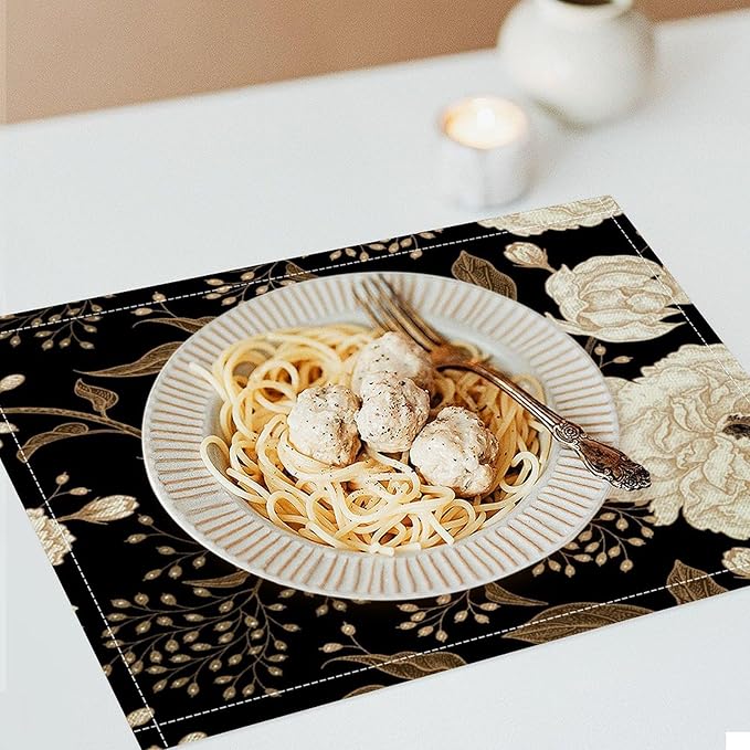 Black Gold Floral Placemats Set of 6, 17x12 Inch Abstract Vintage Rustic Flower Botanical Aesthetic Art Print Table Mats for Home Party Kitchen Dining Decor