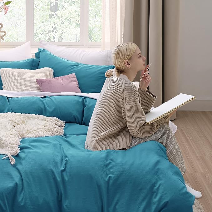 Bedsure Teal Duvet Cover Full Size - 3 Pieces Prewashed Extra Soft Cotton-Like Bedding Set, Includes 1 Duvet Cover 80x90 Inches with Zipper Closure & 2 Pillow Shams, Comforter Not Included