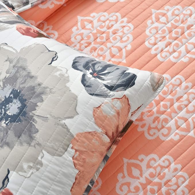 Lush Decor Leah Reversible Floral Quilt Set, 3 Piece Set, Full/Queen, Coral & Gray - Watercolor Botanical - Cottage Core - French Country Decor- Bedding Queen Size