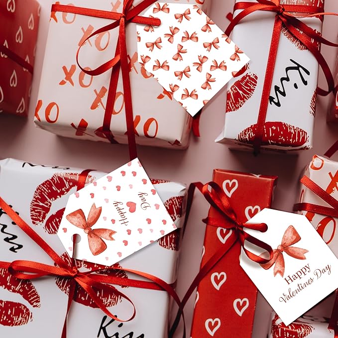 Pro Supply Global 24 Count of 2.5 Inch x 3 Inch Pre Strung Bows Valentine's Day Gift Tag Assorted Printed Designs on Large Cardstock Gift Hang Tags - Ideal to Use on Bags