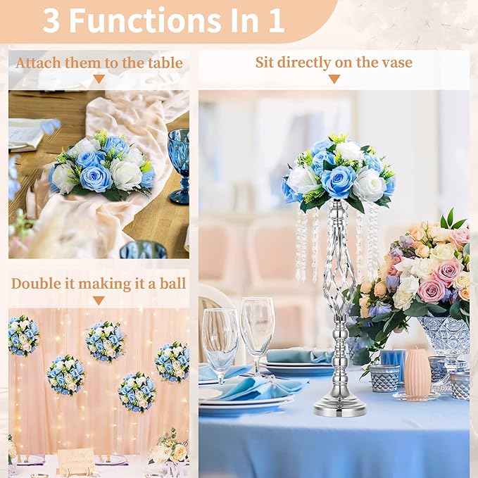 NUPTIO Flower Centerpieces for Wedding Tables: 6 Pcs Blue & White Artificial Flower Ball Arrangement for Weddings Party - Fake Floral Rose for Birthday Bridal Shower Decorations