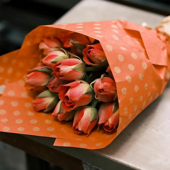 LeZakaa 20 Sheets Kraft Dots Flower Wrapping Paper, Reversible Orange with White Polka Dots Floral Bouquet Paper for Valentines, Mothers Day, Wedding Party, Fall Birthday, Thanksgiving Autumn Decor