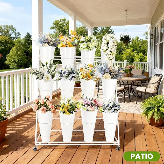 Flower Display Stand 3 Layers with 12 PCS Round Buckets, Plant Stand with Wheels, Movable Metal Plant Stand for Terrace Garden, Florist Shop, Wedding, Party, Easy to Install (White)