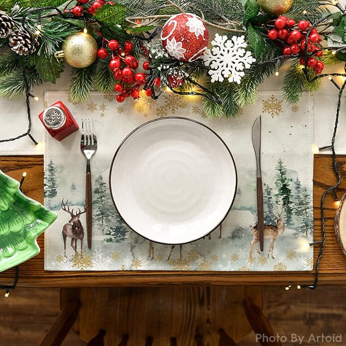 Artoid Mode Watercolor Deer Trees Snowflakes Christmas Placemats for Dining Table, 12 x 18 Inch Seasonal Winter Xmas Holiday Rustic Vintage Thanksgiving Washable Table Mats Set of 6