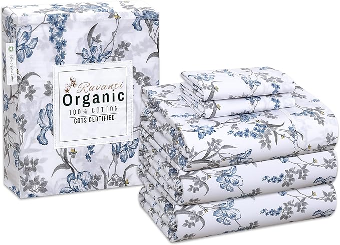 RUVANTI 100% Organic Cotton Sheets Split King, Percale Weave, GOTS Certified, 5-Piece Set, Deep Pocket 15", Crisp & Breathable, Soft Durable Bedding, Sábanas Algodón Orgánico – Deluxe