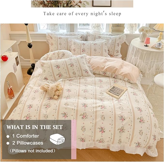 VM VOUGEMARKET Pink Flower Comforter Set Twin White Ruffle Down Comforter with 2 Pillow Shams Cute Romantic Girls Lace Comforter Set Reversible Lightweight(3pcs,Twin XL)