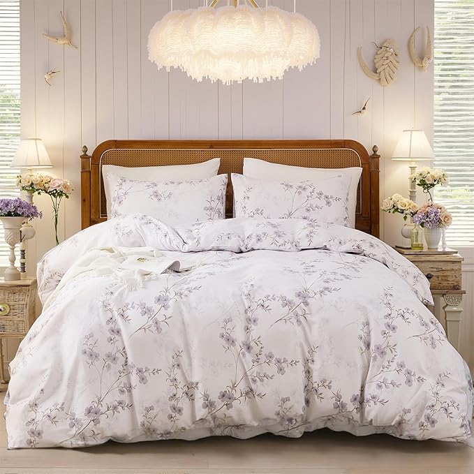 Floral Duvet Cover Queen Size - 100% Nature Cotton Reversible Grayish Flower Bedding Set with Zipper Closure, 3 Pieces Soft & Breathable Beige Comforter Cover