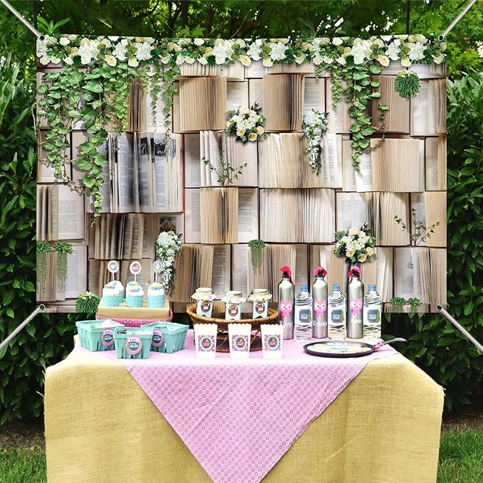 6x4ft Book Photo Backdrops Books Pages Green Leaves White Flowers Background Wedding Birthday Party Princess Photo Studio Props KUHBDJ165