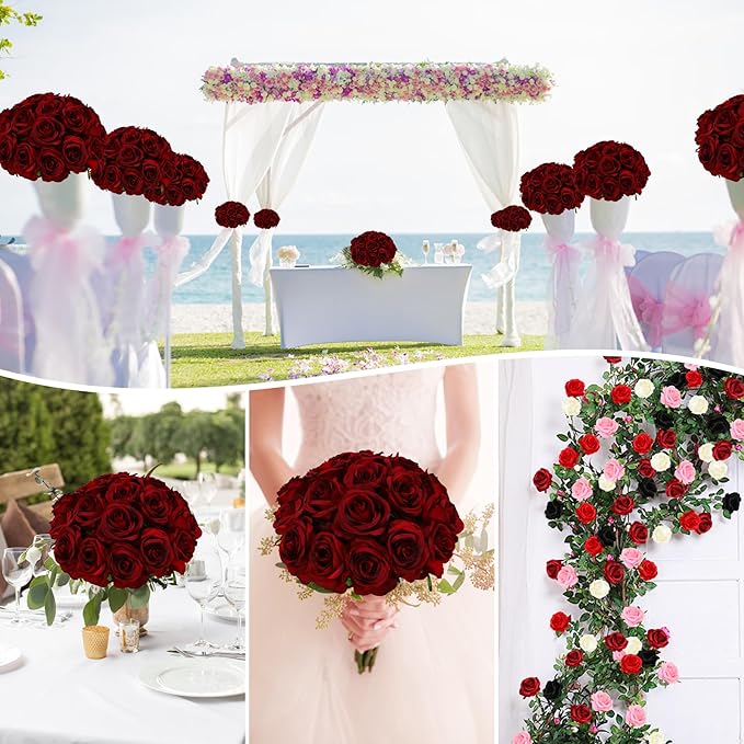 Nubry 50pcs Artificial Silk Roses Bulk,Fake Roses Flower with Stems Realistic Flowers for Wedding Centerpiece Home Party Decor(Burgundy)