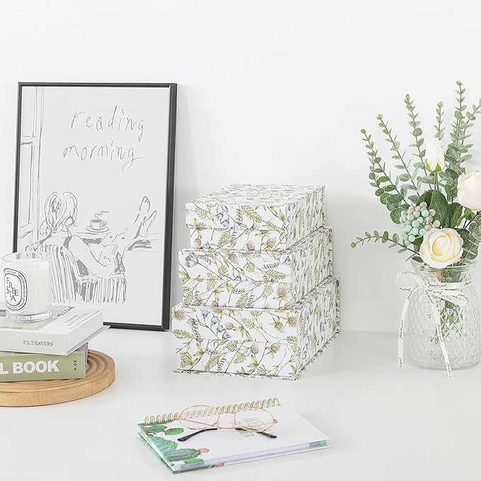 Soul & Lane Decorative Cardboard Storage Boxes, Set of 3 Floral Pattern Keepsake Boxes with Magnetic Closure, Nesting Memory Storage for Organizing and Home Décor, Wild Garden