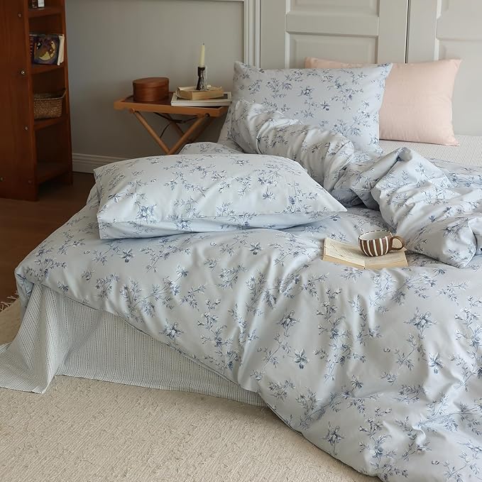 LifeTB Vintage Blue Floral Duvet Cover Queen 100% Cotton Retro Flower Bedding Comforter Cover Boho Garden Floral Bedding Set Farmhouse Cottagecore Duvet Cover with Zipper Closure 4 Ties