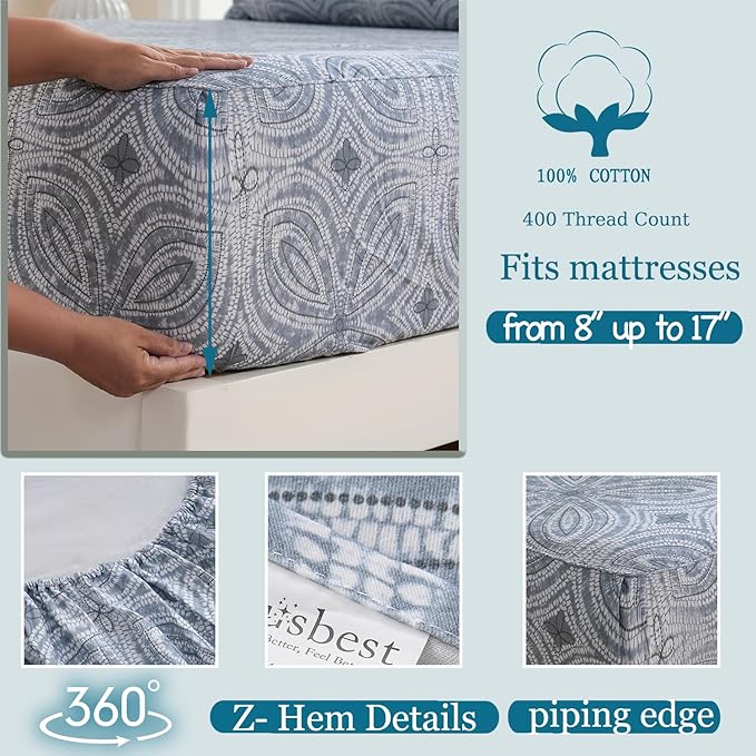 Zusbest Full Size Sheets 100% Percale Cotton Grey Bed Sheet, Brushed for Extra Softness, Breathable Luxury Flannel Like Sheets Modern Classic Navy Printed Deep Pocket Bed Set 17.5'' 4 Pcs