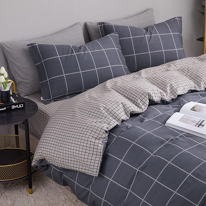 SAPHREAS Geometric Gray Plaid Duvet Cover Set Queen Size 3pcs Dark Grey Grid Cotton Bedding Comforter Cover Set 1 Duvet Cover 2 Pillow Shams