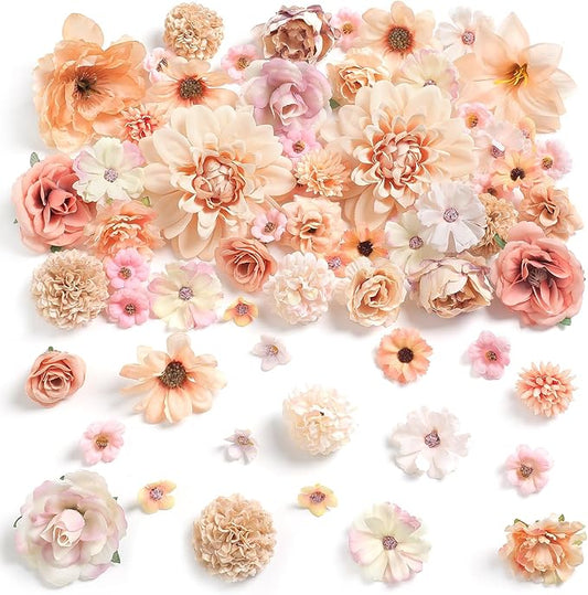 Fake Flower Heads Mini Artificial Flower Nude Color Faux Dahlia Rose Flowers for Crafts Cake Blossom Wreath Bouquets for Wedding Bridal Party Baby Shower Graduation Season Home Decor